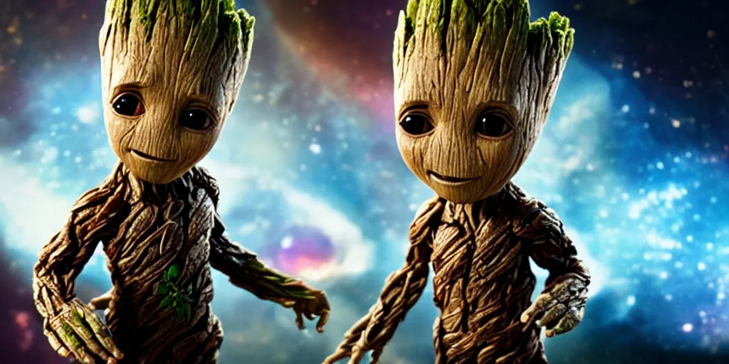 Image similar to a 3 d rendered movie still of baby groot. baby groot wears a spacesuit, and explores cosmos in a super awesome space ship. science fiction blockbuster movie baby groot rules the world or i was a teenage groot, dramatic lighting, imax 7 0 mm. buzz lightyear