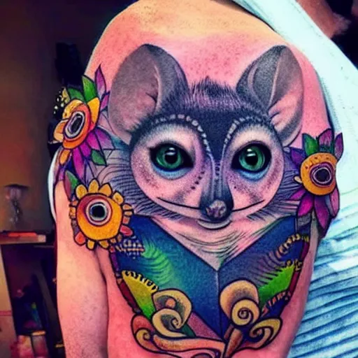 Image similar to shoulder tattoo of a multicolored trippy furry cute bushbaby with rainbow colored spiral eyes, surrounded with colorful shrooms and flowers, insanely integrate
