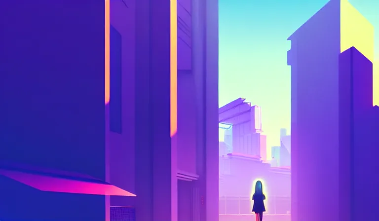 Image similar to a beautiful and immaculate futuristic city. the silhouette of a young japanese girl standing in an alleyway. vaporwave ombre rendering. outrun style. trending on artstation. recommended for you behance. by chris moore. by edward hopper. beeple colors.