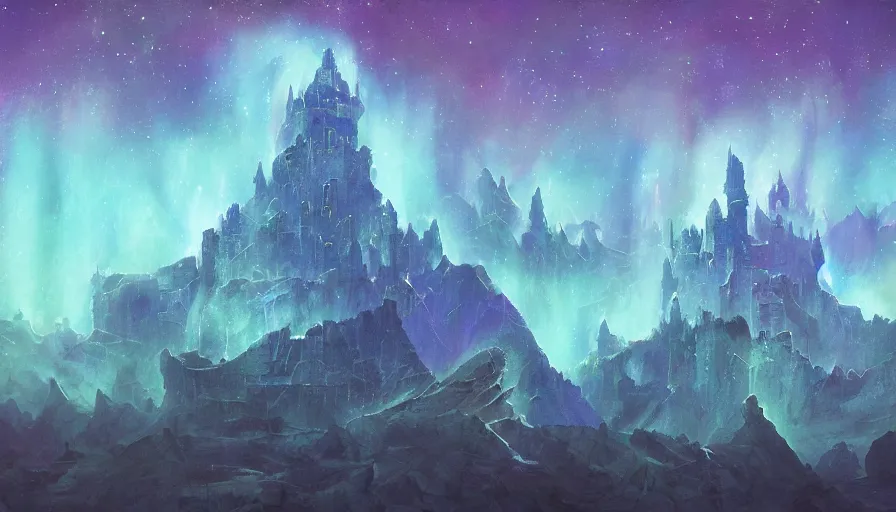 Image similar to The radiant citadel. Floating in the deep ethereal and pierced by the Auroral diamond