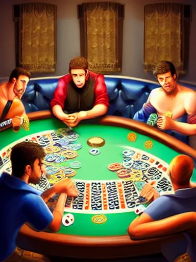 Image similar to half dozen guys playing poker. caotic fight intricate, elegant, highly detailed, digital painting, artstation, concept art, sharp focus, illustration, by justin gerard and artgerm, 8 k