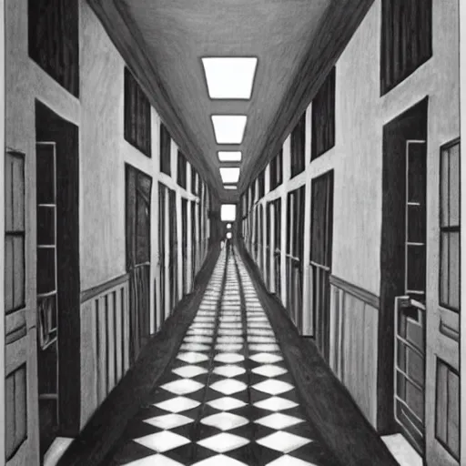 Image similar to high school hallways, mc escher painting