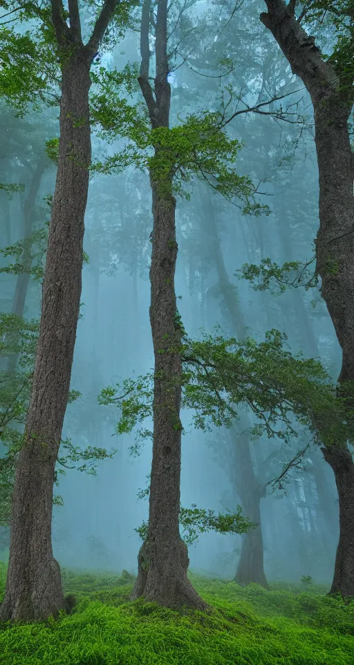 Image similar to ancient oak forest in blue hour light and misty waterfalls
