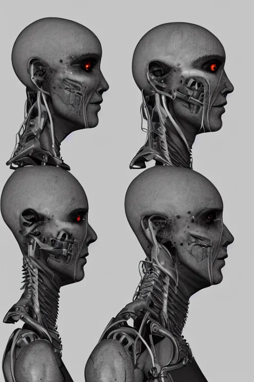 Image similar to septum nose piercing!! cyborg female with gunmetal grey skin, medical anatomy, paneled face, highly detailed, mecha, mechanical implants, three - perspective / three - view reference sheet ( front / back / side ), in the style of dan ouellette, dren from splice, hr giger, sil from species, artstation, unreal engine