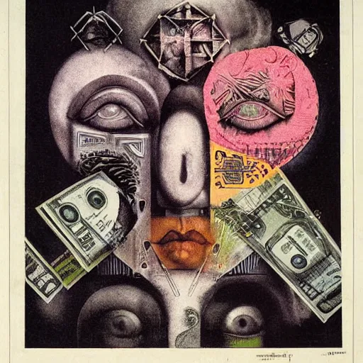 Image similar to post - punk new age album cover, asymmetrical design, dollar bank notes, capitalism, magic, apocalypse, psychedelic, black white pink, magic, giger h. r., giuseppe arcimboldo, peder aalto