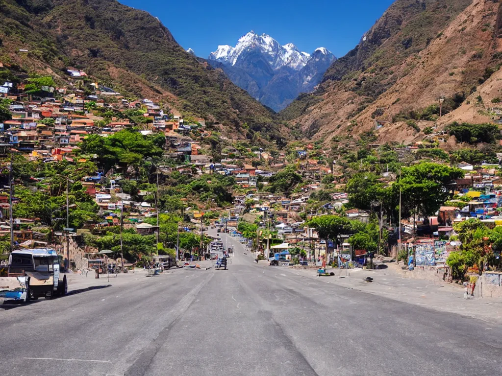 Prompt: south american city street in a valley with mountains