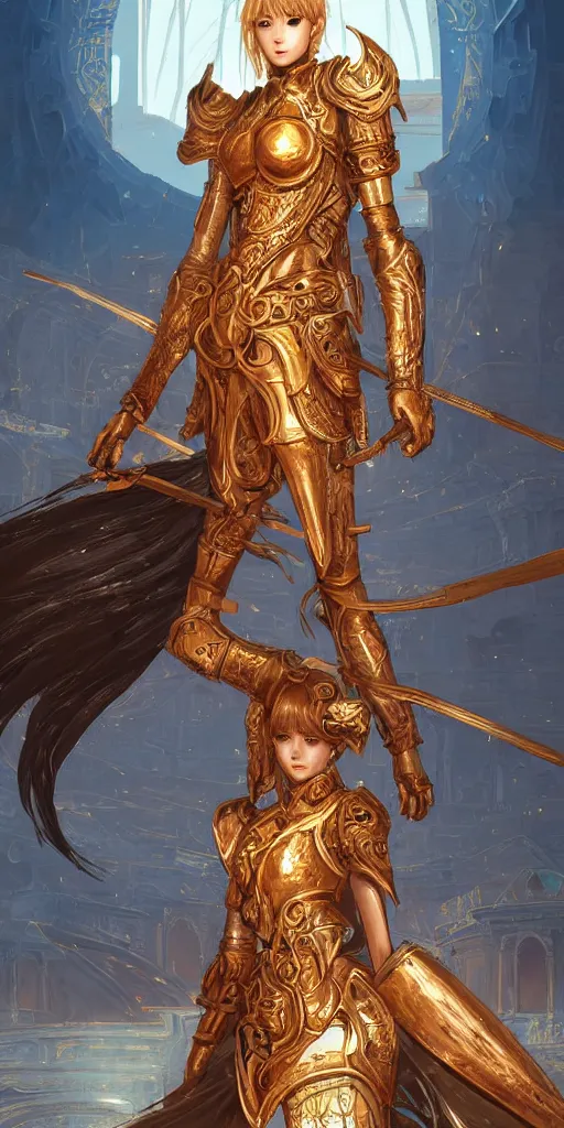 Image similar to portrait knights of zodiac girl, golden and copper shining armor, in ruined agora of athens sunrise, ssci - fi and fantasy, intricate and very very beautiful and elegant, highly detailed, digital painting, artstation, concept art, smooth and sharp focus, illustration, art by ilya kuvshinov and tian zi and wlop and z - - ed