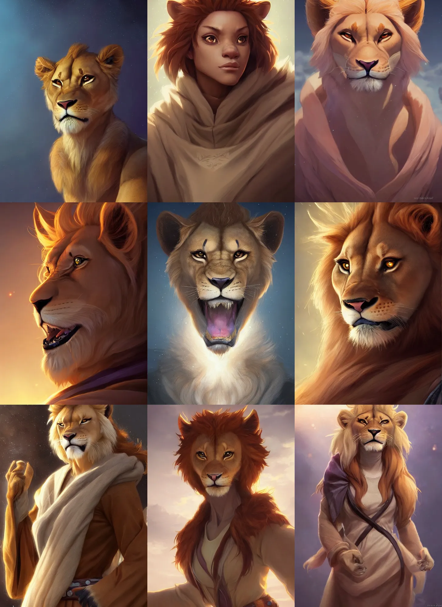 Image similar to beautiful portrait of a female anthropomorphic lioness fursona wearing jedi robes. character design by disney, charlie bowater, ross tran, artgerm, and makoto shinkai, detailed, soft lighting, rendered in octane