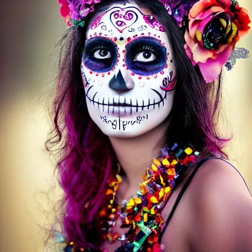 Image similar to canon mark 5, motion blur, realistic character portrait photo of a beautiful mexican girl, day of the dead makeup, muted colours, by britt marling, glitter storm