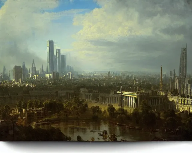 Prompt: albert bierstadt cityscape painting of london in fallout