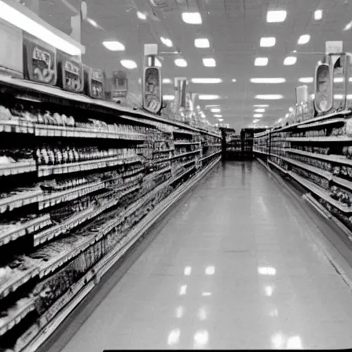 Prompt: an empty grocery store with lots of fog, 1 9 9 0 s photo