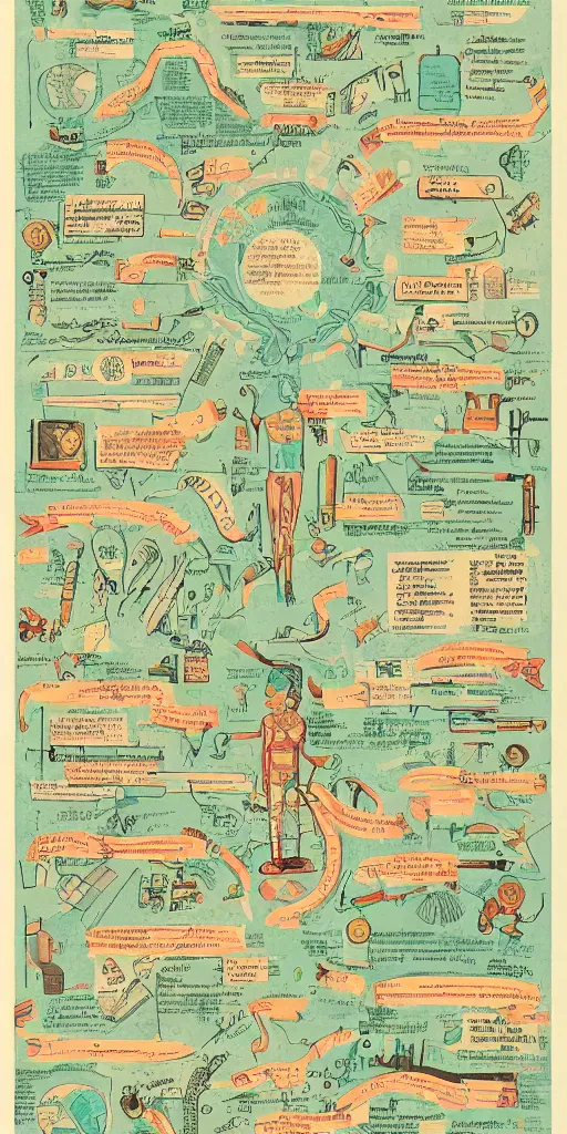 Prompt: anatomy of a futurama, diagrams, map, marginalia, sketchbook, old script, inhabited initials, pastel infographic by Wes Anderson and victo ngai