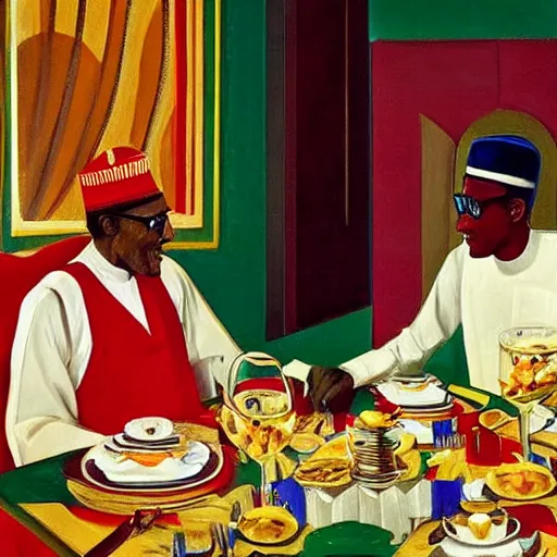 Prompt: president buhari eating at a regal buffet ultra detailed beautiful setting elegant event nigerian party minimalist gold ornaments iridescent lighting glamour in the style of edward hooper and henri matisse yinka shonibare oil painting