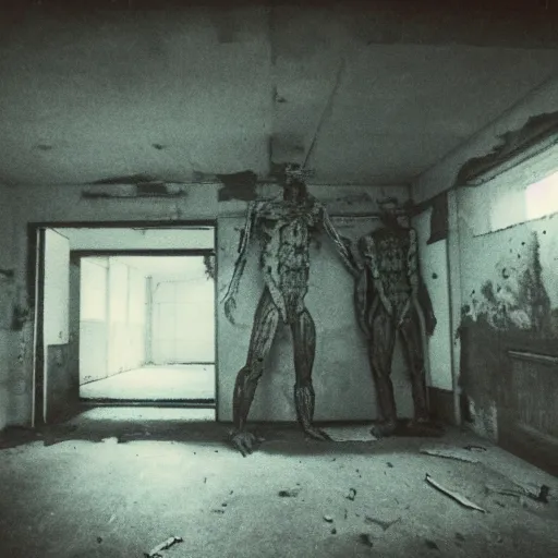 Image similar to photograph of the interior abandoned soviet research lab, weird humanoid monster in the background, liminal space, rundown, backrooms, fluorescent lights, surreal ambiance, film grain, polaroid, brutalist, artstation