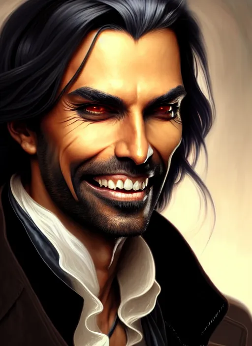 Image similar to Close-up portrait of tanned evil male alchemist with long black greying slicked hair, unsettling grin, trench coat with many pockets, portrait, highly detailed, digital painting, artstation, concept art, sharp focus, illustration, art by artgerm and greg rutkowski and alphonse mucha