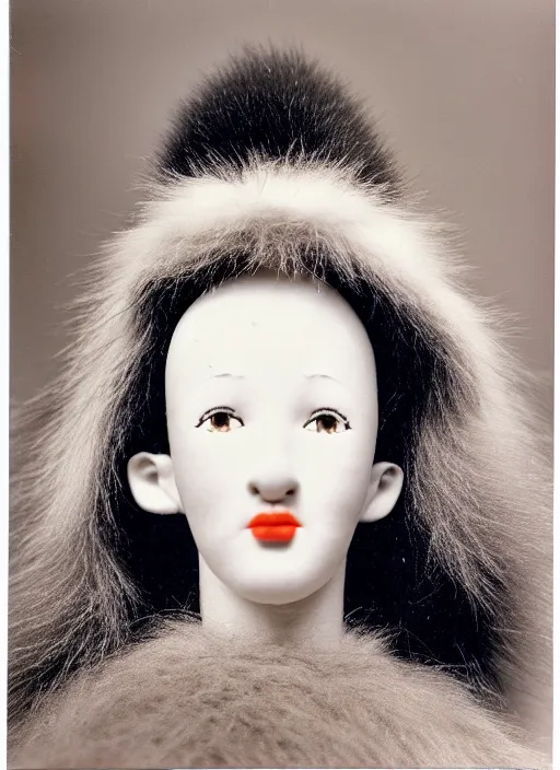 Prompt: realistic photo of a human model doll made of wood and covered with white dots, with a birds beak instead of the nose, white hairs and fluffy fur, center straight composition, front view 2 0 0 0, life magazine photo, museum archival photo