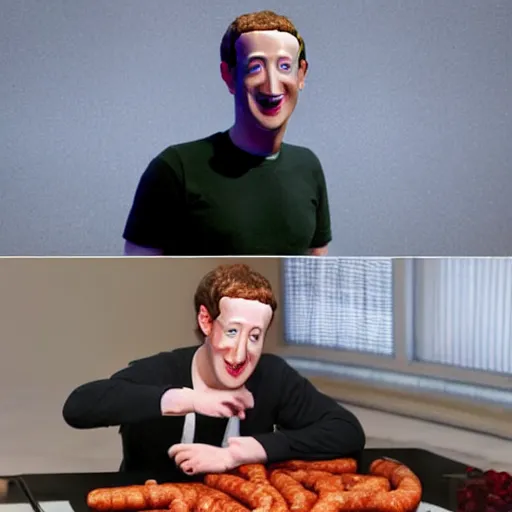 Prompt: mark zuckerberg made from sausages