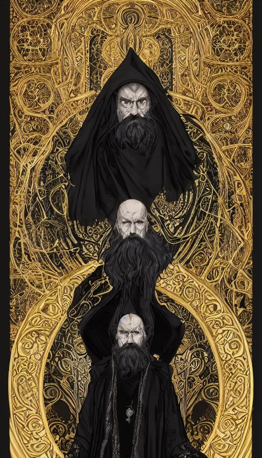 Image similar to one old man wore a black cloak, a black cloak and a white beard, highly detailed, very intricate, art nouveau, gold filigree, left right symmetry, tarot concept art watercolor illustration by mandy jurgens and alphonse mucha and alena aenami, featured on artstation