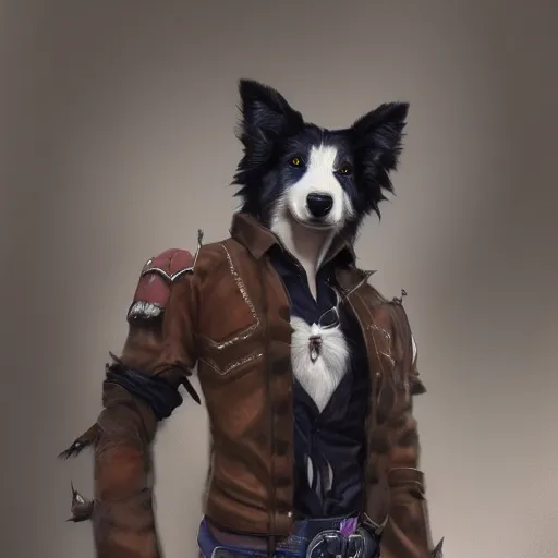 Image similar to wide angle beautiful full body portrait of a cute male anthropomorphic anthro border collie fursona wearing cowboy outfit in a grocery store, character design by charlie bowater, henry asencio, and ross tran, furry art, furaffinity, beautiful, glamor pose, detailed, aesthetic, trending on artstation