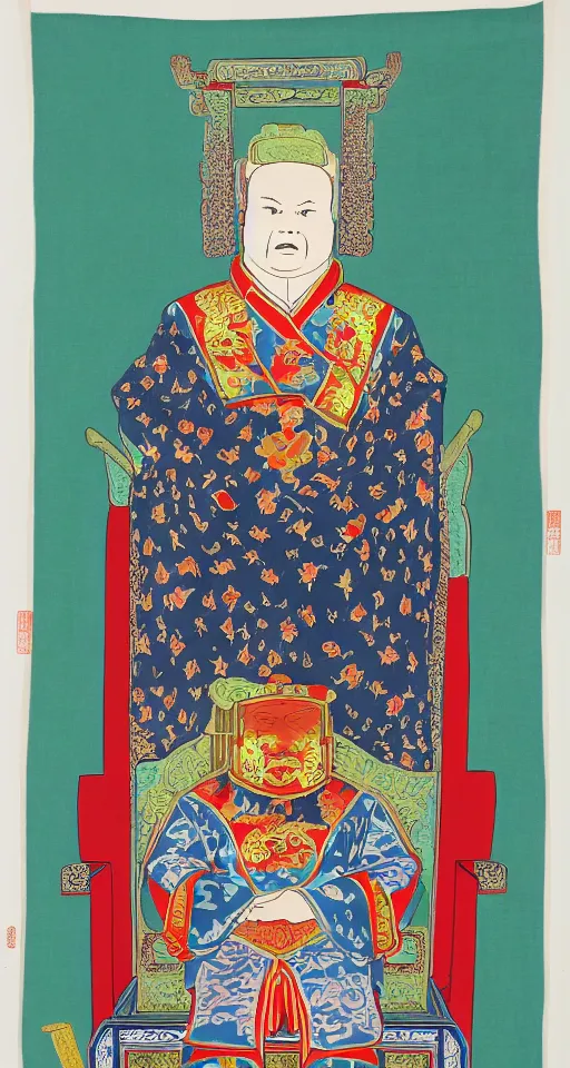 Image similar to Bobby Hill sits on his throne as emperor of Hill Dynasty China, ink and color on silk, imperial portrait