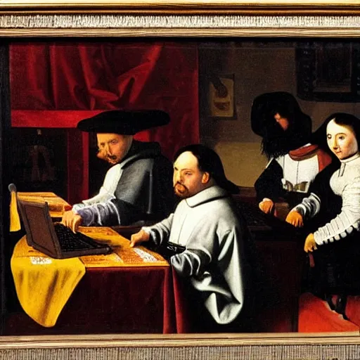 Image similar to a painting of a medieval era group of people looking at a computer in the style of diego velazquez