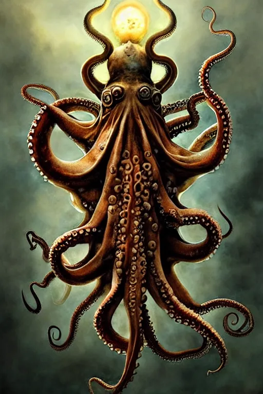 Image similar to octopus warrior | esoteric symbolism | jean - baptiste monge, esao andrews, bastien lecouffe - deharme, tim jacobus, ken currie | ultra - detailed realism, soft cinematic lighting, hi - fructose, artstation, high - quality, ink watercolors wes anderson poster art