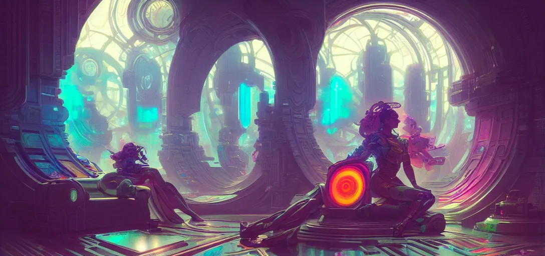 Image similar to a cybernetic temple, vaporwave aesthetic, colorful, psychedelic, digital painting, artstation, concept art, smooth, sharp focus, illustration, art by artgerm and greg rutkowski and alphonse mucha