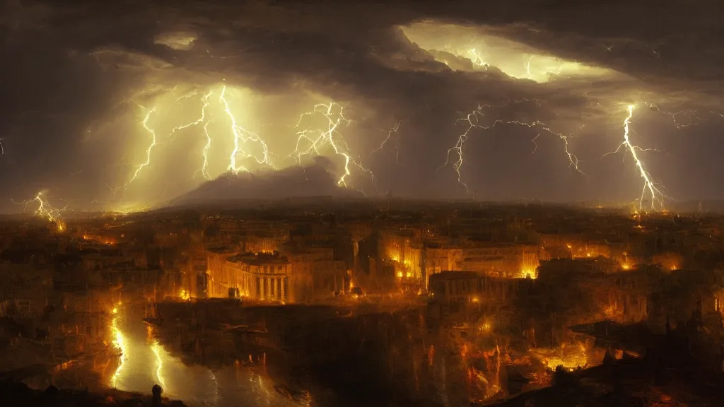 Prompt: Madrid painted by Thomas Cole with dramatic lightning, concept art, matte painting, 8k, highly detailed, artstation