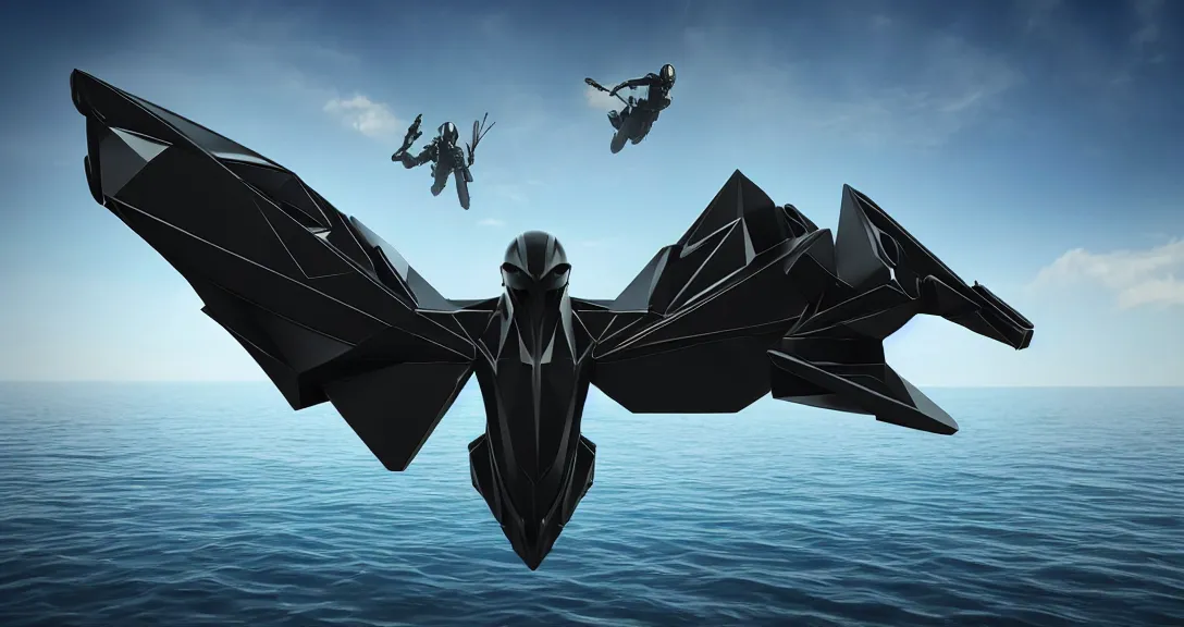 Image similar to flying enigmatic creature wearing military grade low-poly carbon plate, water-cooled armor, glistening, sleek finish, elaborate detail, dual-core hydraulic units, bullet-proof, floating island backdrop, 4k, high quality photo, 33mm