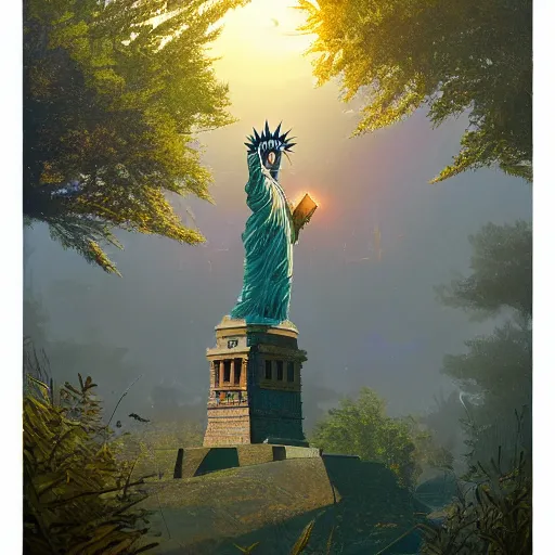 Image similar to a fantasy solarpunk statue of liberty, landscape illustration by greg rutkowski, bright sunlight, sun glints, vivid and colorful trees and plants and flowers, digital art, 8 k, trending on artstation