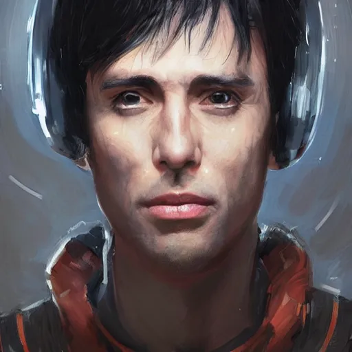 Image similar to portrait of a shocked man by greg rutkowski, he is about 3 0 years old, short black hair with bangs, scared and incredulous, very tall and slender, he is wearing futuristic space gear, highly detailed portrait, digital painting, artstation, concept art, smooth, sharp foccus ilustration, artstation hq