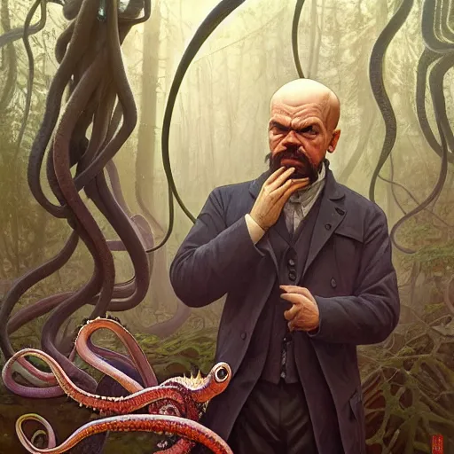 Image similar to photo of vladimir lenin and octopus hybrid with tentacles in the forest, highly detailed, digital painting, artstation, smooth, sharp focus, illustration, art by artgerm and greg rutkowski and alphonse mucha