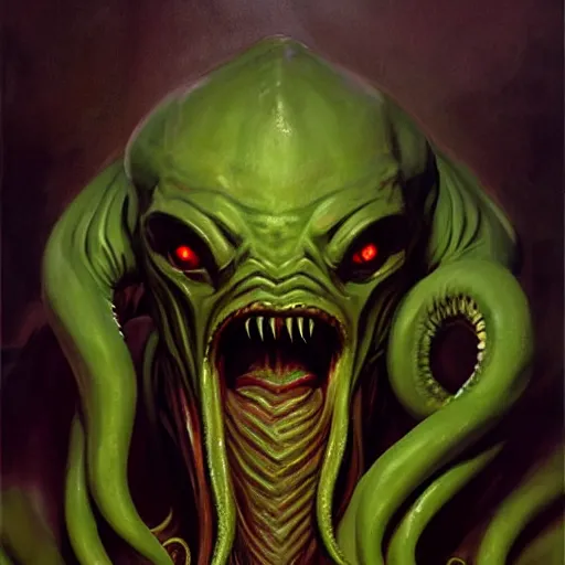 Image similar to Facial portrait cthulhu, looking at the camera, slight evil smile, lips wide parted, mouth wide open, sharp teeth visible, fear inspiring, intimidating, extremely detailed painting by Greg Rutkowski and by Henry Justice Ford and by Steve Henderson