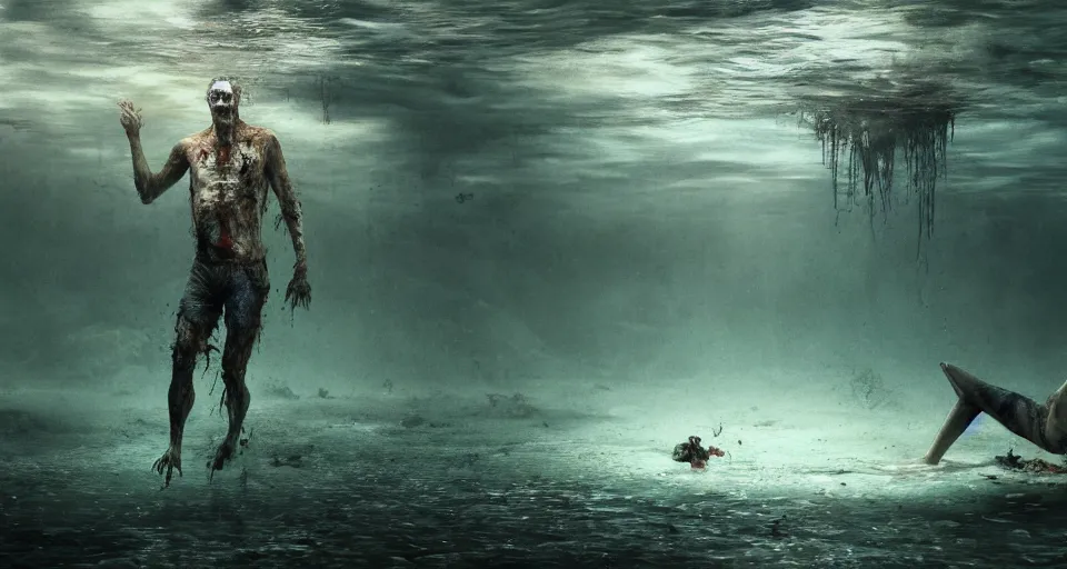 Image similar to highly detailed full body portrait of a zombie swimming underwater in a zombie - apocalypse, in a swimming pool, by greg rutkowski, octane render
