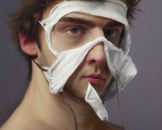 Prompt: masterpiece oil paint of a european young man covering face with fabric mask, trending on artstation, context art, extremely detailed