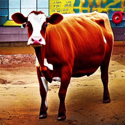 Prompt: a cow working in Mcdonald's, award-winning photograph, warm colors