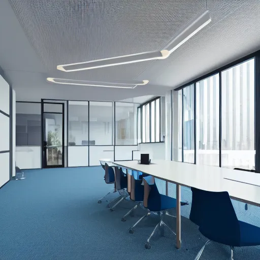 Image similar to interior shooting offices enviroment, open plan, perspective view Minimalist office in Scandinavian style, city, reception, blue color, carpets floor design, steelcase furniture, open area, meeting rooms, minimal, realistic, photo-realistic maximum detail, Archviz, octane render, geometric design, design 8k resolution