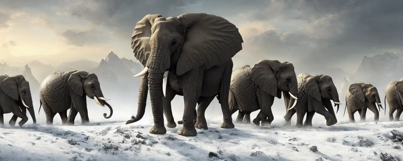 Prompt: African war elephants wearing battle armor fighting in snow mountain landscape, beautiful dynamic lighting, cinematic, wide angle establishing shot, extremely high detail, photo realistic, cinematic lighting, post processed, concept art, artstation, matte painting, style by frederic church, raphael lacoste, unreal engine 8k