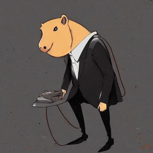 Image similar to an anthropomorphic! capybara using a black suit! by atey ghailan, by greg rutkowski, by greg tocchini, by james gilleard, by joe fenton, by kaethe butcher, grunge aesthetic!!!