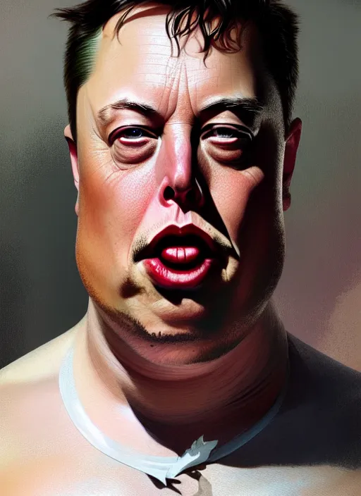 Image similar to obese elon musk, portrait, intricate, elegant, highly detailed, digital painting, artstation, concept art, wallpaper, smooth, sharp focus, illustration, art by h. r. giger and artgerm and greg rutkowski and alphonse mucha