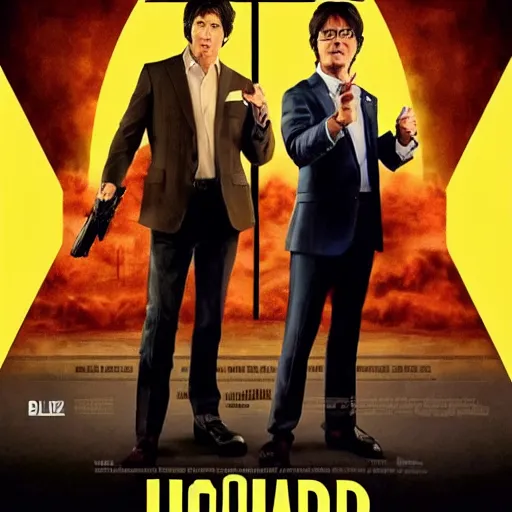 Prompt: Movie poster with Todd Howard and Hideo Kojima wearing suits and pointing guns, movie poster, action, suits, by Drew Struzan