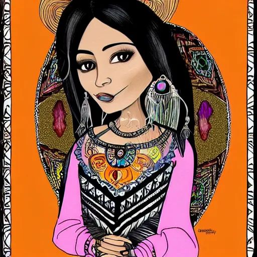 Prompt: beautiful illustration of a mexican woman of 4 0 years old, with curly black and silver hair, the woman has beautiful black eyes, her skin is light brown, she is dressed in shaman clothes, in the style of amanda sage
