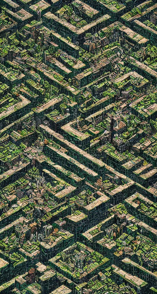 Image similar to an aerial view of a postapocalyptic world that nature has reclaimed, in the style of MC Escher