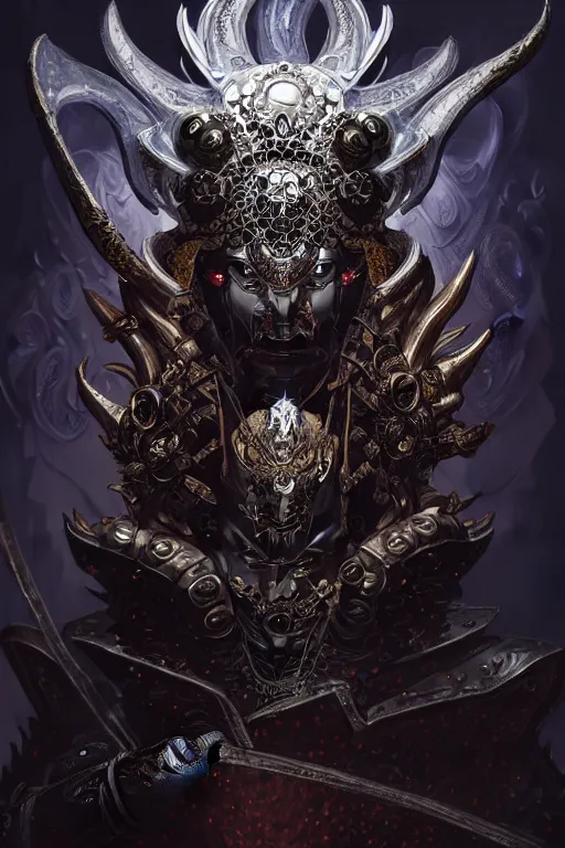 Image similar to asura from chinese myth, ghost, luxurious armor mixed with leather and metal, gothic diablo art, rococo art, cyberpunk, mecha, halfturn portrait of a big crystal face made of crystals half - turn, ominous, intricate, studio, art by anthony macbain + greg rutkowski + alphonse mucha, concept art, 4 k, sharp focus