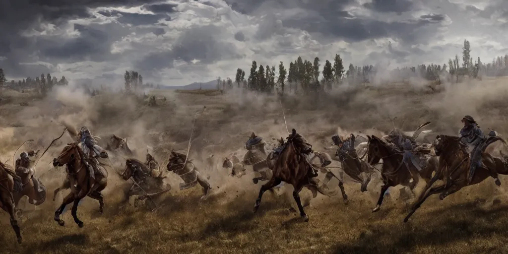 Prompt: an establishing action shot of the ( battle of little bighorn ), majestic horses, desperate action scene, dramatic lighting, cinematic, extremely high detail, photorealistic, cinematic lighting, trending on artstation cgsociety rendered in unreal engine 4 k hq