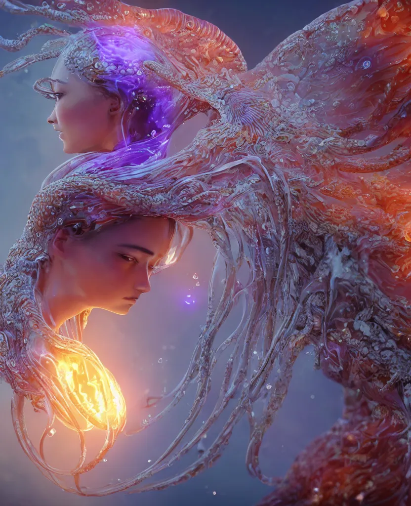 Image similar to close-up macro portrait of the face of a beautiful princess, epic angle and pose, symmetrical artwork, 3d with depth of field, blurred background, cybernetic jellyfish female face skull phoenix bird, translucent, nautilus, energy flows of water and fire. a highly detailed epic cinematic concept art CG render. made in Maya, Blender and Photoshop, octane render, excellent composition, cinematic dystopian brutalist atmosphere, dynamic dramatic cinematic lighting, aesthetic, very inspirational, arthouse. y Greg Rutkowski, Ilya Kuvshinov, WLOP, Stanley Artgerm Lau, Ruan Jia and Fenghua Zhong