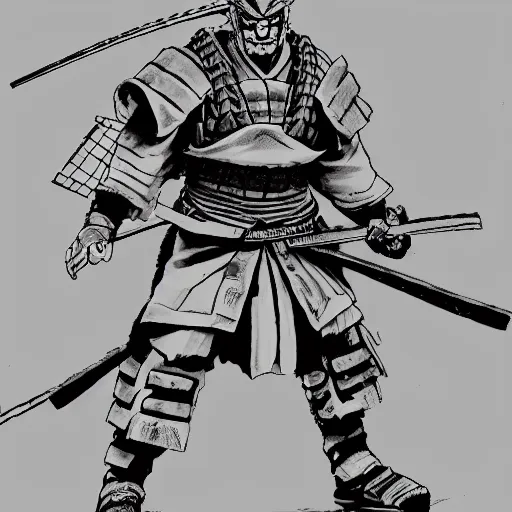 Prompt: bloody samurai with an oni mask standing in a battlefield, drawn by Takehiko Inoue, trending on artstation, 8k, black and white, manga
