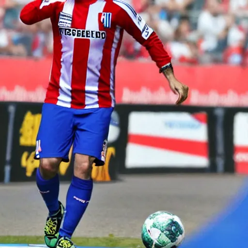 Prompt: fernando alonso wearing atletico de madrid soccer shirt