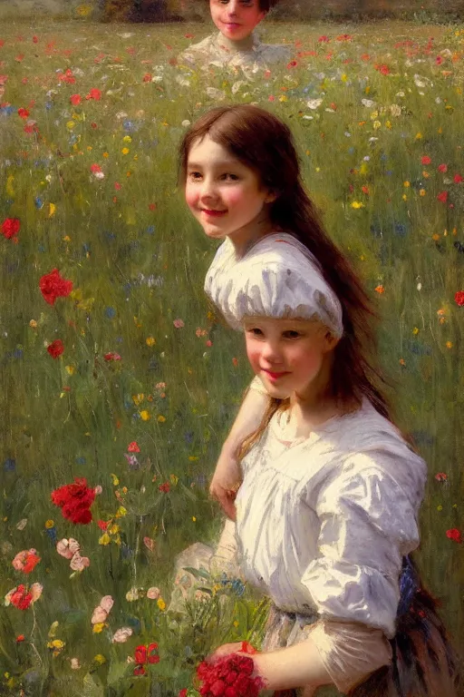 Image similar to Solomon Joseph Solomon and Richard Schmid and Jeremy Lipking victorian genre painting portrait painting of a smiling young village girl in an open field of flowers, red background