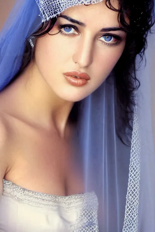 Prompt: young arab Monica Bellucci, blue eyes, long wavy black hair, white veil, closeup, focus, colored, long face